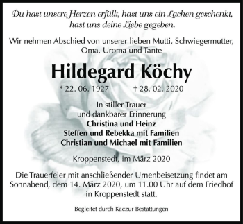 Traueranzeige von Hildegard Köchy  von Magdeburger Volksstimme
