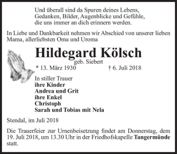 Traueranzeige von Hildegard Kölsch (geb. Siebert)  von Magdeburger Volksstimme