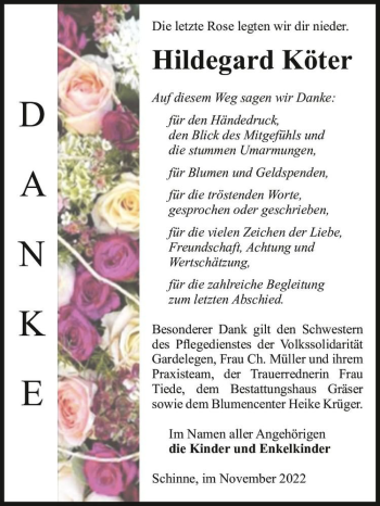 Traueranzeige von Hildegard Köter  von Magdeburger Volksstimme