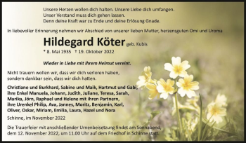 Traueranzeige von Hildegard Köter (geb. Kubis)  von Magdeburger Volksstimme