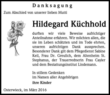 Traueranzeige von Hildegard Küchhold  von Magdeburger Volksstimme
