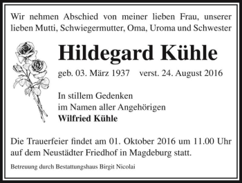 Traueranzeige von Hildegard Kühle  von Magdeburger Volksstimme