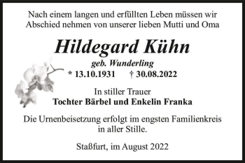 Traueranzeige von Hildegard Kühn (geb. Wunderling)  von Magdeburger Volksstimme