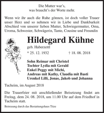 Traueranzeige von Hildegard Kühne (geb. Haberzettl)  von Magdeburger Volksstimme
