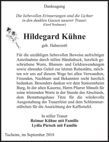 Traueranzeige von Hildegard Kühne (geb. Haberzettl)  von Magdeburger Volksstimme