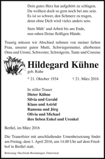 Traueranzeige von Hildegard Kühne (geb. Ruhe)  von Magdeburger Volksstimme