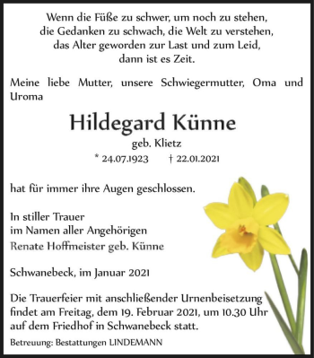 Traueranzeige von Hildegard Künne (geb. Klietz)  von Magdeburger Volksstimme