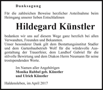 Traueranzeige von Hildegard Künstler  von Magdeburger Volksstimme