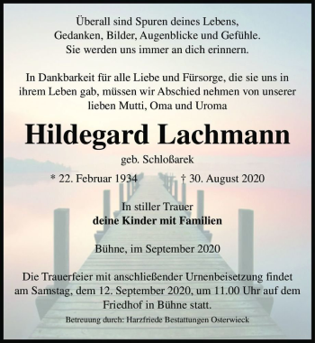 Traueranzeige von Hildegard Lachmann (geb. Schloßarek)  von Magdeburger Volksstimme