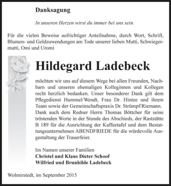 Traueranzeige von Hildegard Ladebeck  von Magdeburger Volksstimme