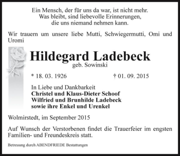 Traueranzeige von Hildegard Ladebeck (geb. Sowinski)  von Magdeburger Volksstimme