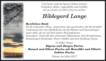 Traueranzeige von Hildegard Lange  von Magdeburger Volksstimme