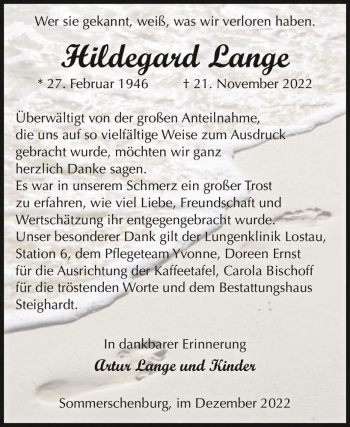 Traueranzeige von Hildegard Lange  von Magdeburger Volksstimme
