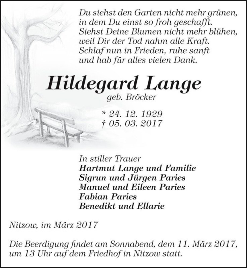  Traueranzeige für Hildegard Lange (geb. Bröcker)  vom 08.03.2017 aus Magdeburger Volksstimme