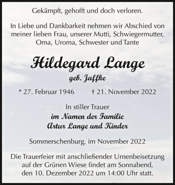 Traueranzeige von Hildegard Lange (geb. Jaffke)  von Magdeburger Volksstimme