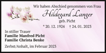 Traueranzeige von Hildegard Langer (geb. Picht)  von Magdeburger Volksstimme