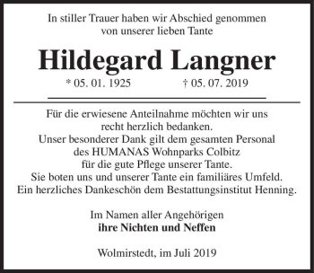 Traueranzeige von Hildegard Langner  von Magdeburger Volksstimme