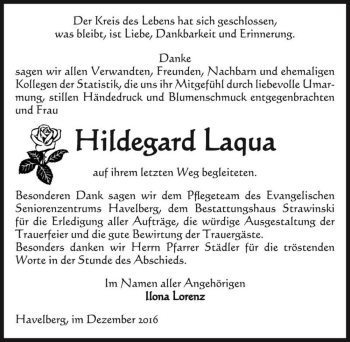 Traueranzeige von Hildegard Laqua  von Magdeburger Volksstimme