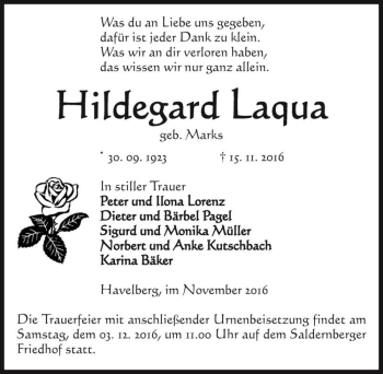 Traueranzeige von Hildegard Laqua (geb. Marks)  von Magdeburger Volksstimme