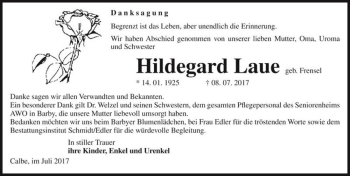 Traueranzeige von Hildegard Laue (geb. Frensel)  von Magdeburger Volksstimme