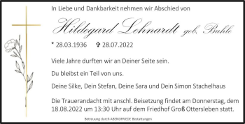 Traueranzeige von Hildegard Lehnardt (geb. Buble)  von Magdeburger Volksstimme