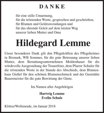 Traueranzeige von Hildegard Lemme  von Magdeburger Volksstimme
