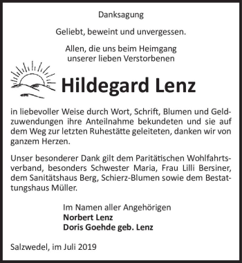 Traueranzeige von Hildegard Lenz  von Magdeburger Volksstimme