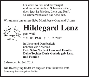 Traueranzeige von Hildegard Lenz (geb. Weiß)  von Magdeburger Volksstimme