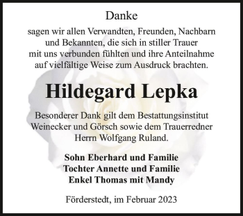 Traueranzeige von Hildegard Lepka  von Magdeburger Volksstimme