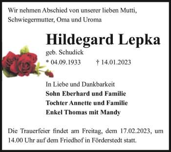 Traueranzeige von Hildegard Lepka (geb. Schudick)  von Magdeburger Volksstimme