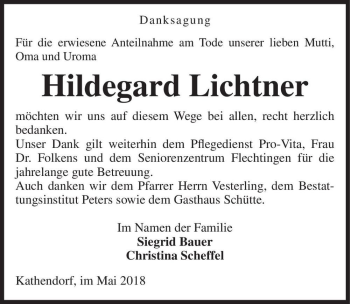 Traueranzeige von Hildegard Lichtner  von Magdeburger Volksstimme