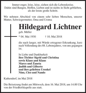 Traueranzeige von Hildegard Lichtner (geb. Müller)  von Magdeburger Volksstimme