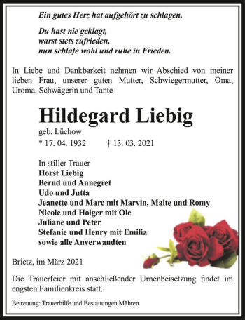 Traueranzeige von Hildegard Liebig (geb. Lüchow)  von Magdeburger Volksstimme