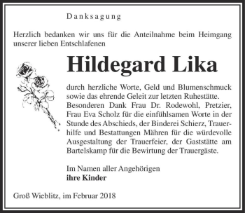 Traueranzeige von Hildegard Lika  von Magdeburger Volksstimme