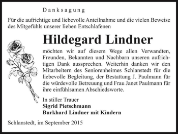 Traueranzeige von Hildegard Lindner  von Magdeburger Volksstimme