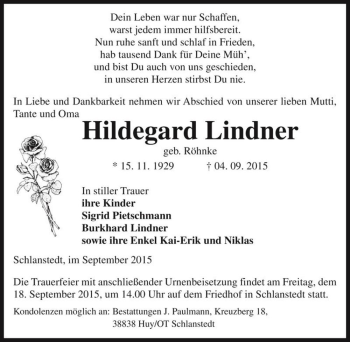 Traueranzeige von Hildegard Lindner (geb. Röhnke)  von Magdeburger Volksstimme