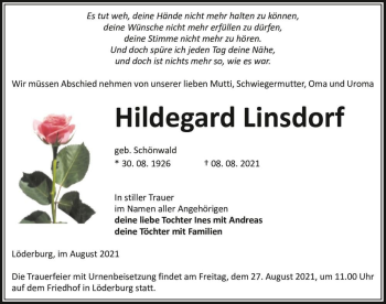 Traueranzeige von Hildegard Linsdorf (geb. Schönwald)  von Magdeburger Volksstimme
