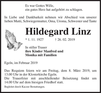 Traueranzeige von Hildegard Linz  von Magdeburger Volksstimme