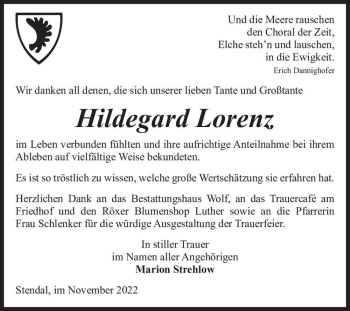 Traueranzeige von Hildegard Lorenz  von Magdeburger Volksstimme