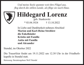 Traueranzeige von Hildegard Lorenz (geb. Stankewitz)  von Magdeburger Volksstimme