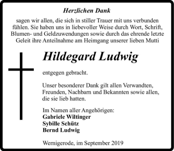 Traueranzeige von Hildegard Ludwig  von Magdeburger Volksstimme