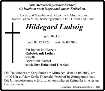 Traueranzeige von Hildegard Ludwig (geb. Becker)  von Magdeburger Volksstimme