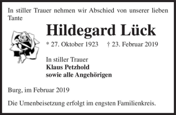 Traueranzeige von Hildegard Lück  von Magdeburger Volksstimme