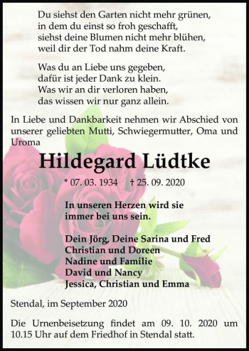 Traueranzeige von Hildegard Lüdtke  von Magdeburger Volksstimme