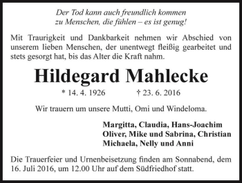 Traueranzeige von Hildegard Mahlecke  von Magdeburger Volksstimme