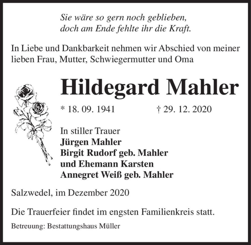  Traueranzeige für Hildegard Mahler  vom 02.01.2021 aus Magdeburger Volksstimme
