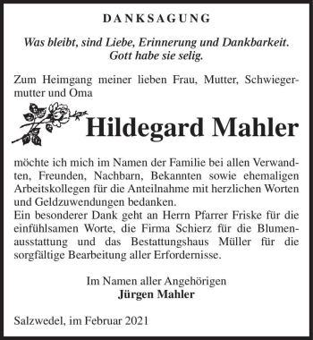 Traueranzeige von Hildegard Mahler  von Magdeburger Volksstimme