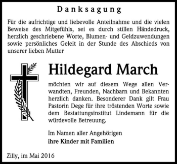 Traueranzeige von Hildegard March  von Magdeburger Volksstimme
