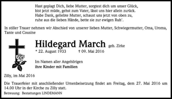 Traueranzeige von Hildegard March (geb. Zirke)  von Magdeburger Volksstimme