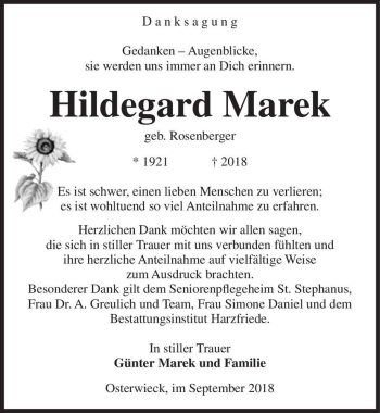 Traueranzeige von Hildegard Marek (geb. Rosenberger)  von Magdeburger Volksstimme